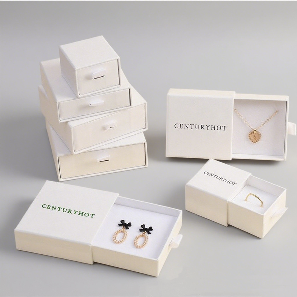 White Cardboard Jewelry packging box with silk ribbon